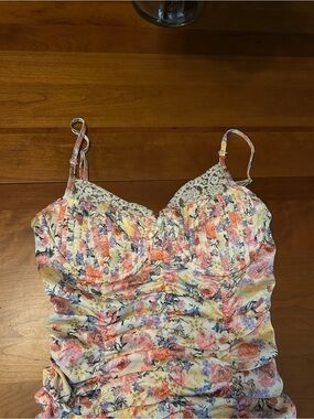 Floral Ruched Lace-Trim Mini Dress in Multi-Color